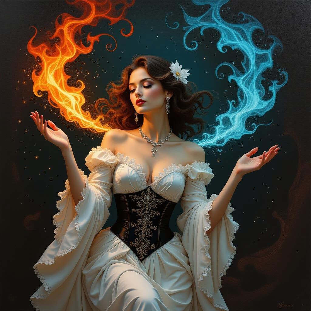 Elegant Woman Embodies Duality in Mystical Ambiance