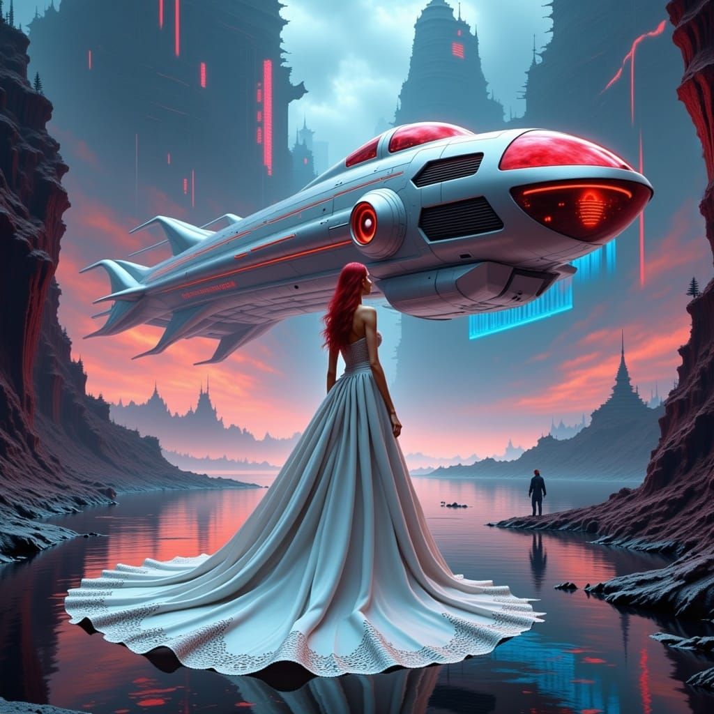 Bride and Spaceship in Futuristic Steampunk Style