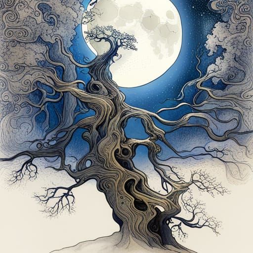 Ancient Tree with Full Moon in Art Nouveau Style