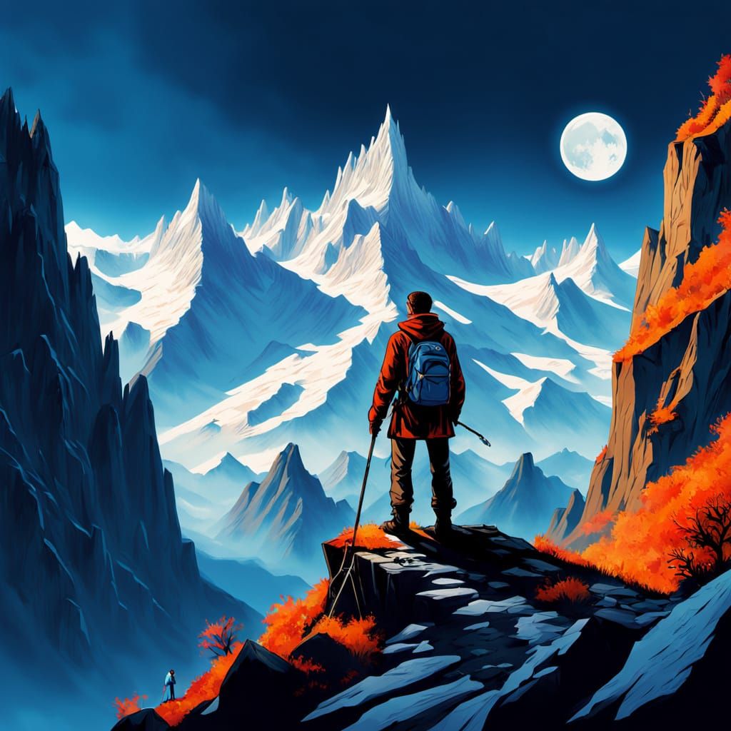 Hiker on Swiss Alps Ridge Overlooking Peaks