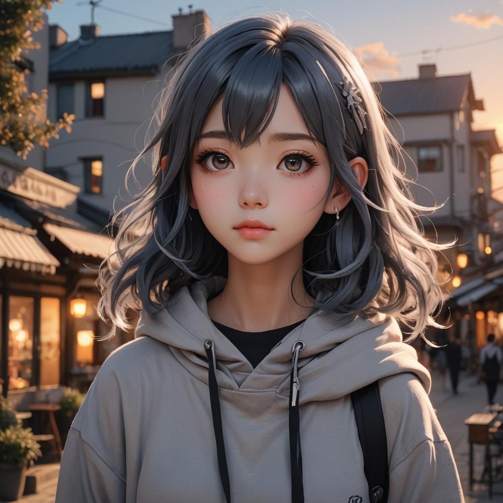 Anime Girl Portrait at Sunset in 3D Style