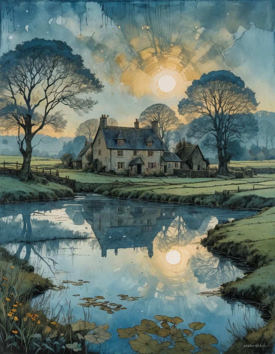 Riverside Cotswold Farmhouse: Double Exposure in Mixed Media