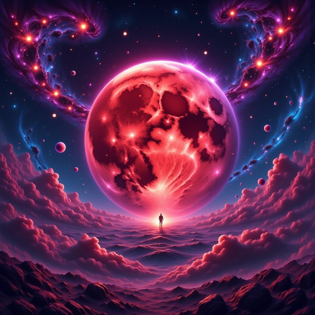 Vibrant Red Moon Amidst Cosmic Nebulae