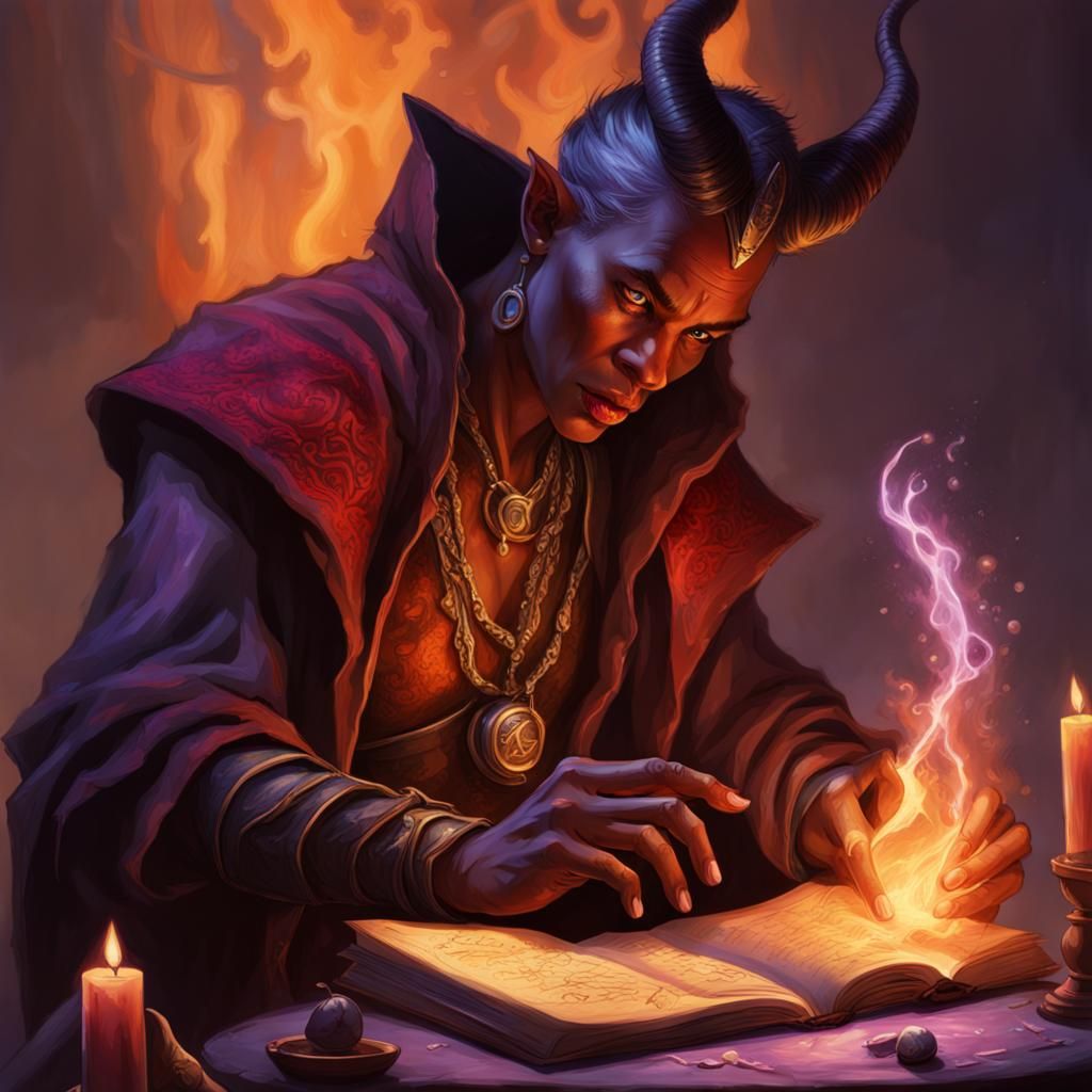 Aged Tiefling Warlock Preparing Spell, Hyperrealistic Art