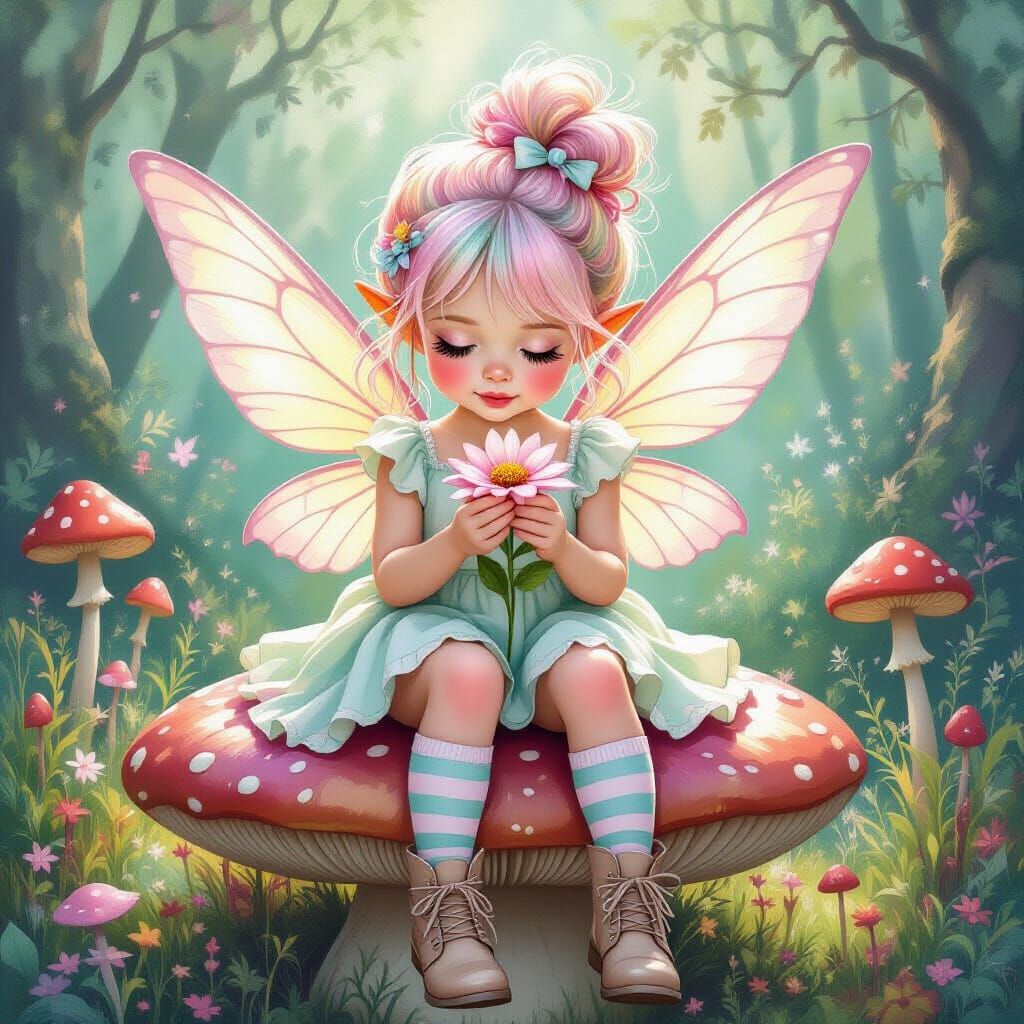 Fairy Toddler on Mushroom in Watercolor Textures