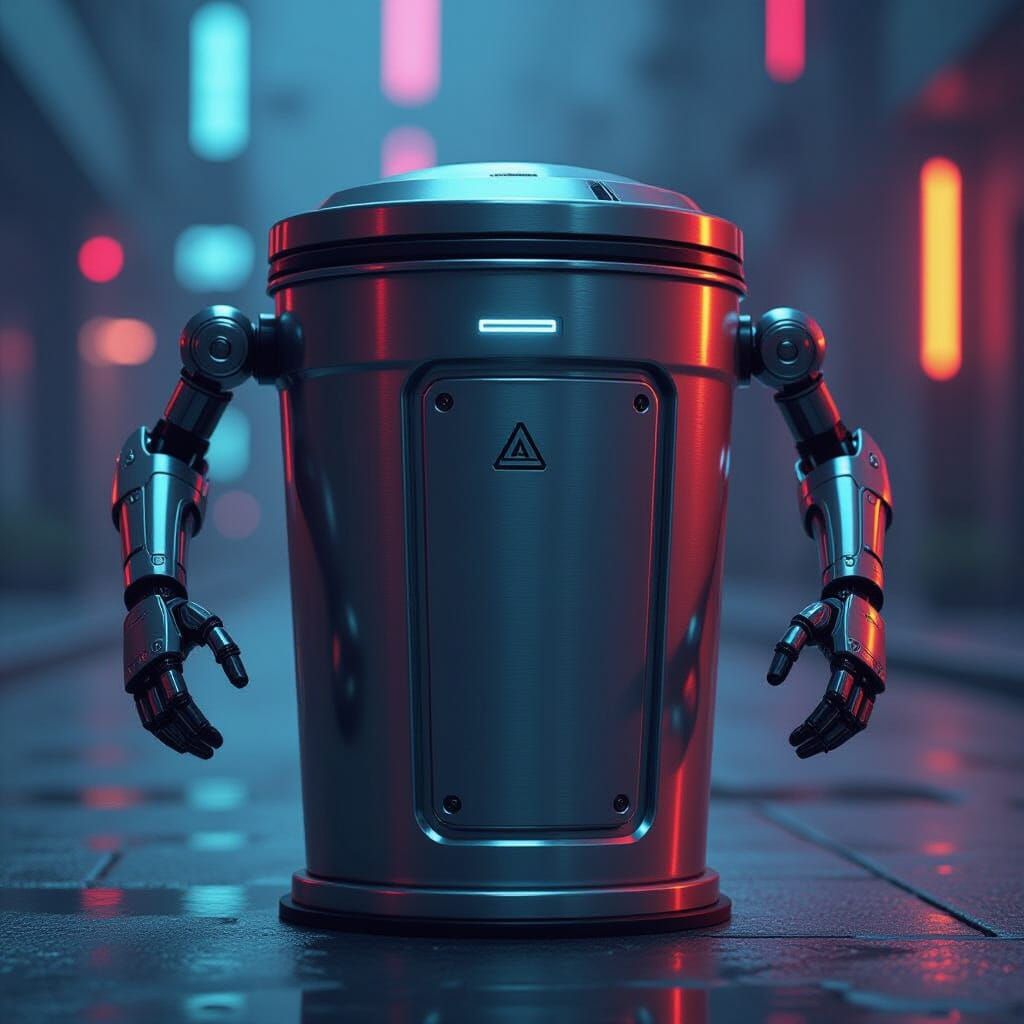 Futuristic Rubbish Bin with Mechanical Arms