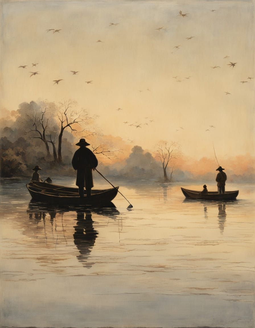 Serene Fishermen in a Manna-Filled River at Sunset