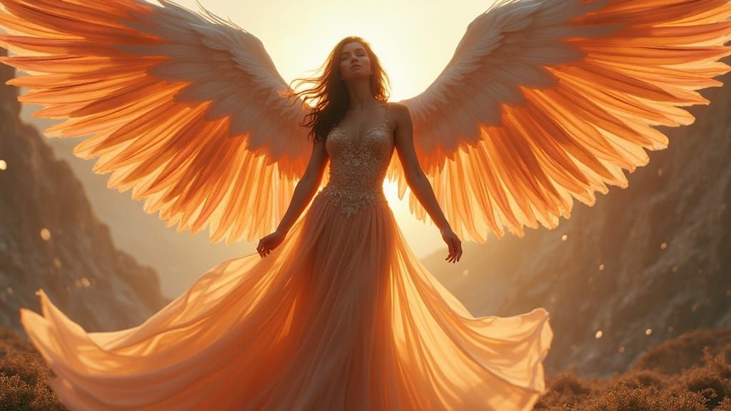 Winged Woman in Ornate Dress, Hyper-Realistic Portrait