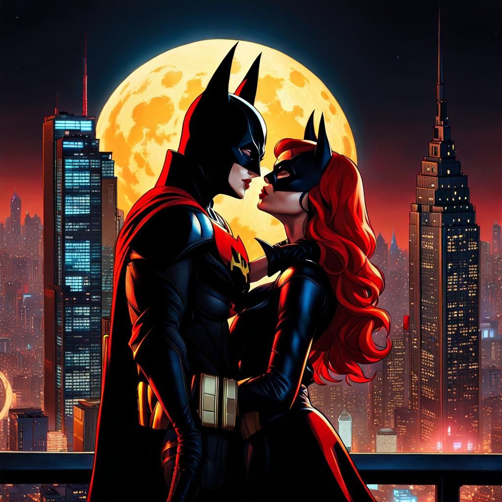 Gotham Nighttime Cityscape with Batman & Batgirl Kissing In ...