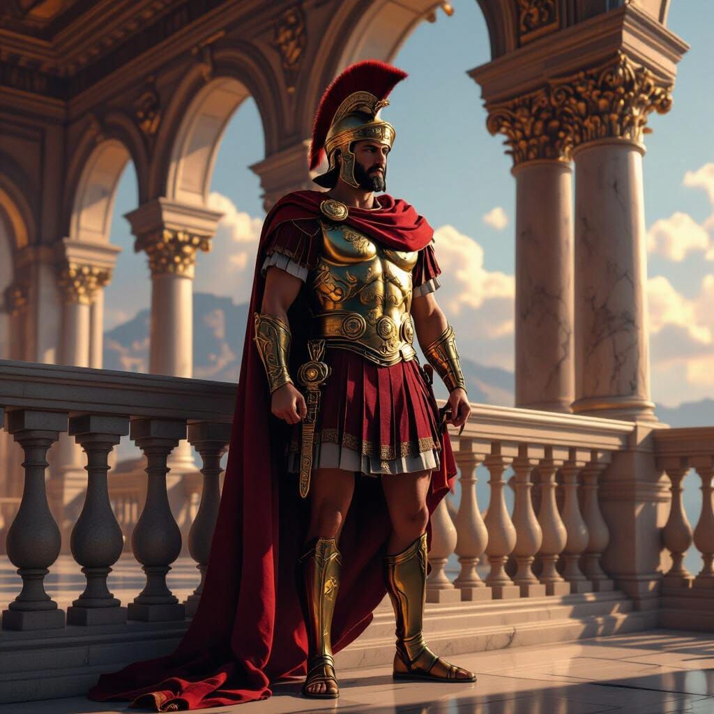 Alexander the Great on Palace Balcony in Cinematic Style