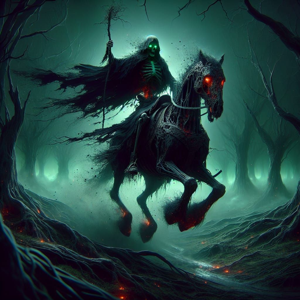 Dullahan: Headless Horseman in Ghostly Forest