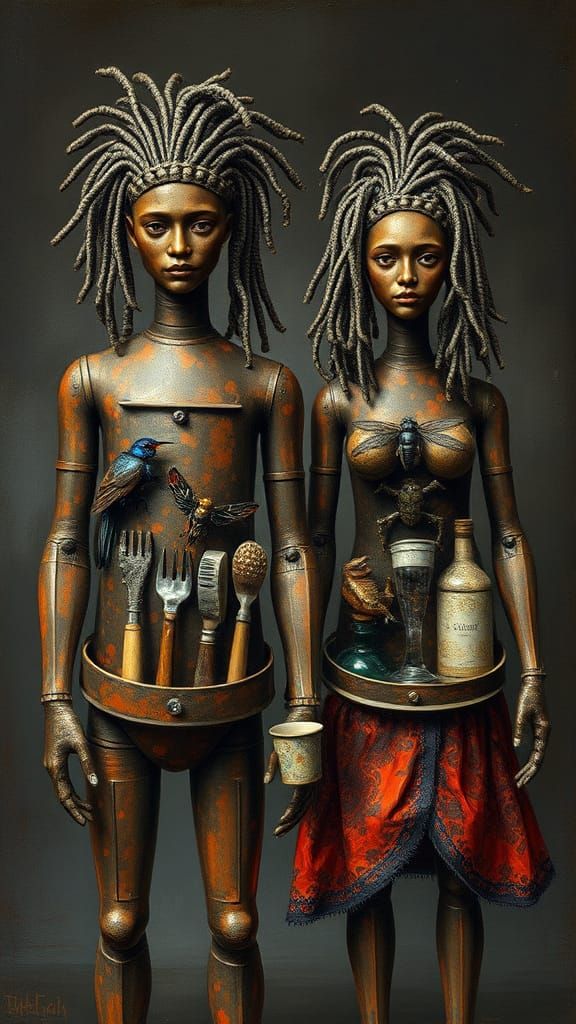 Brut Art Figures in Durer Style with African Art Influence