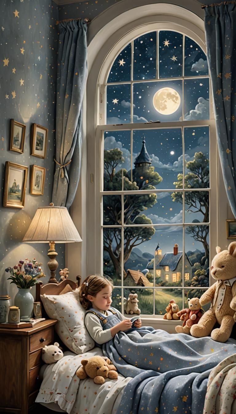 Dreamy Moonlit Scene of Luna in Whimsical Bedroom