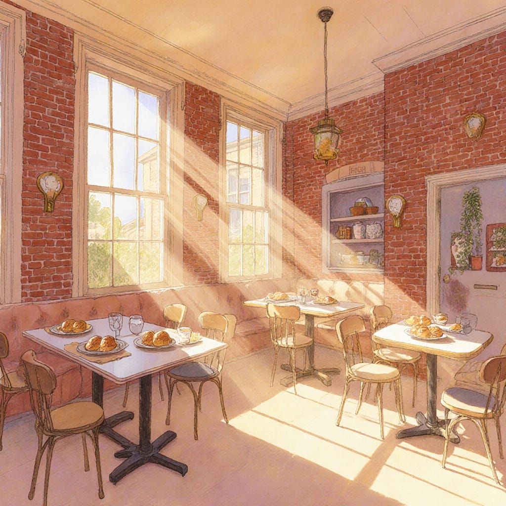 Cozy Cafeteria Beside School in Gentle Illustration Style