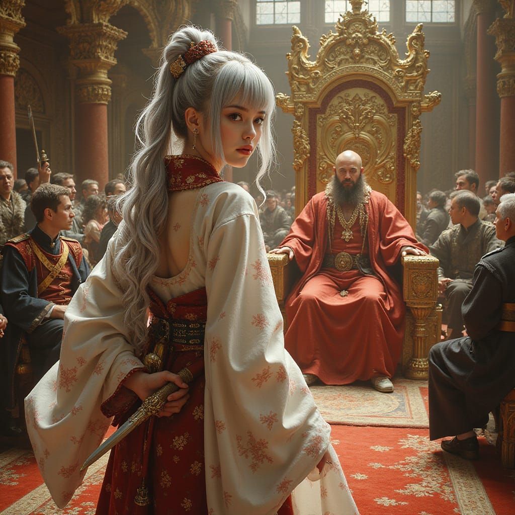 Anime-Inspired Maiden Confronts the Throne in Opulent Oil Pa...