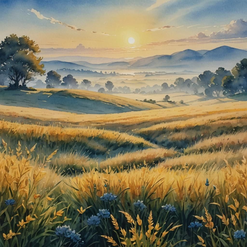 Blue and Yellow Watercolour of Ukrainian Sunrise