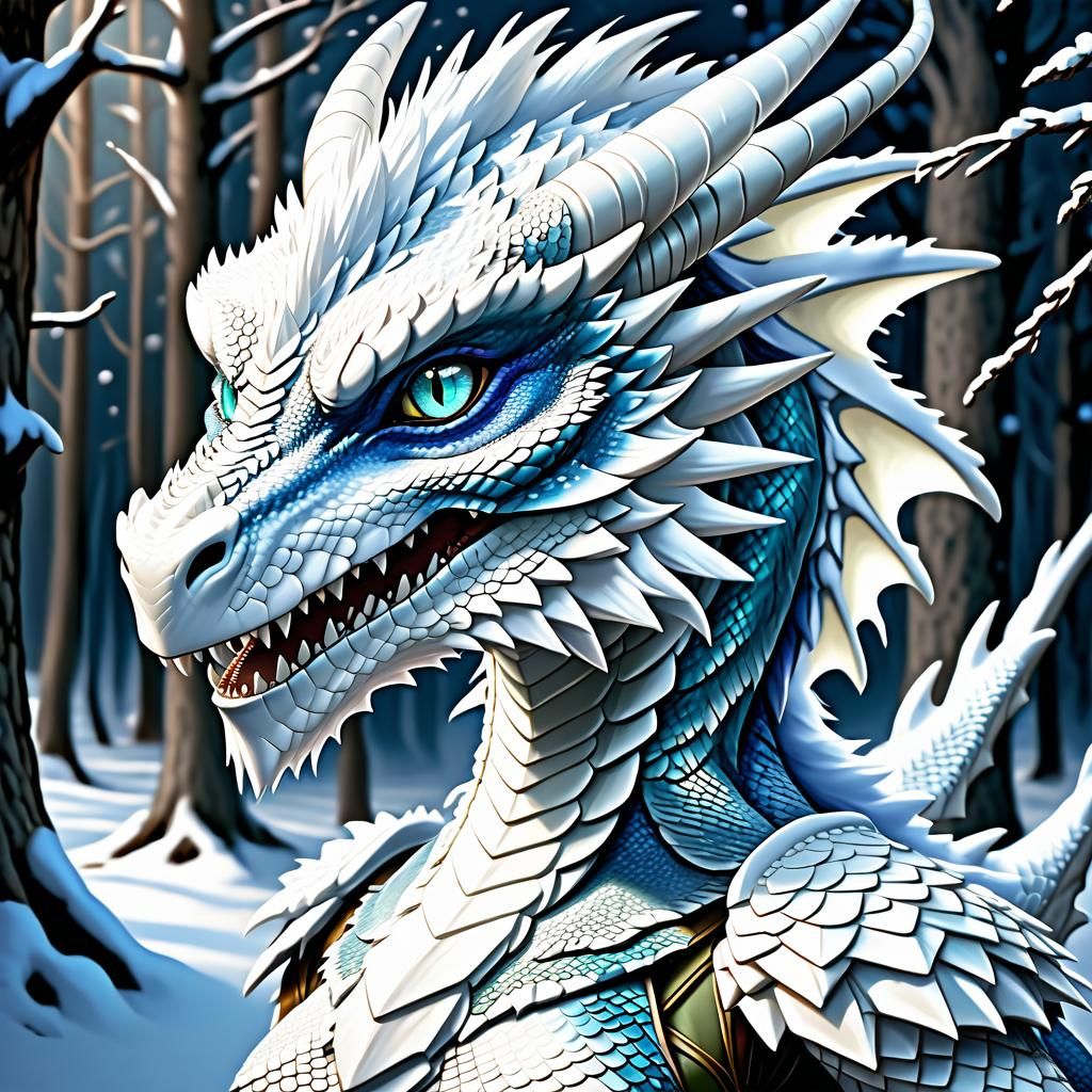 Anime White Dragon Woman in Snowy Woods