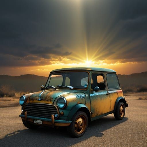 Boxy Mini Truck with God Rays: Digital Art