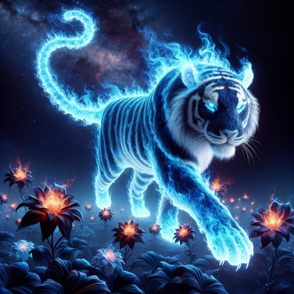 Blue Flame Tiger in Cosmic Darkness