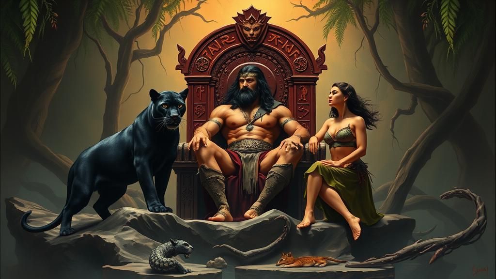 Conan on Throne in Dark Fantasy Jungle