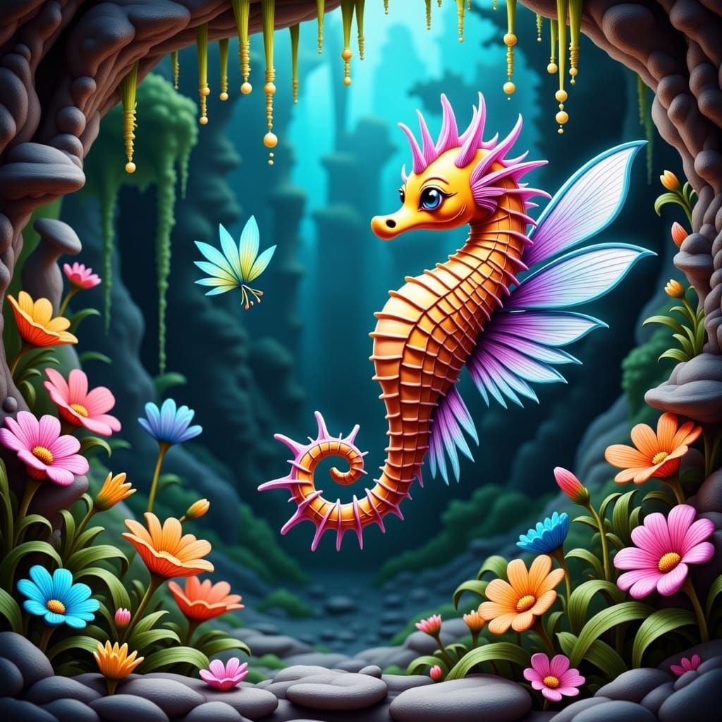 Dreamy Seahorse in Whimsical Floral Wonderland, in Iridescen...
