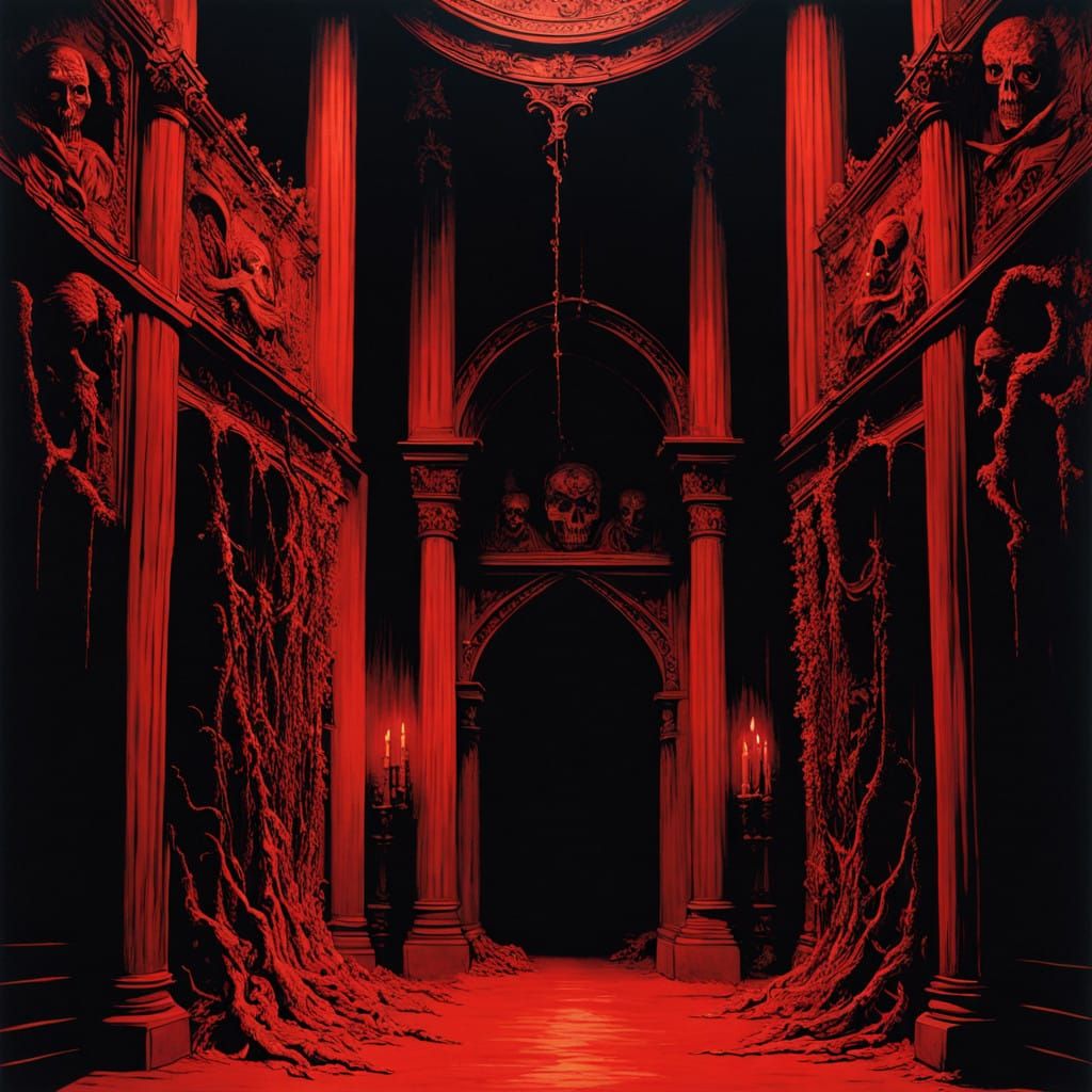 Gothic Horror Scene in Muted, Monochromatic Tones with Crims...