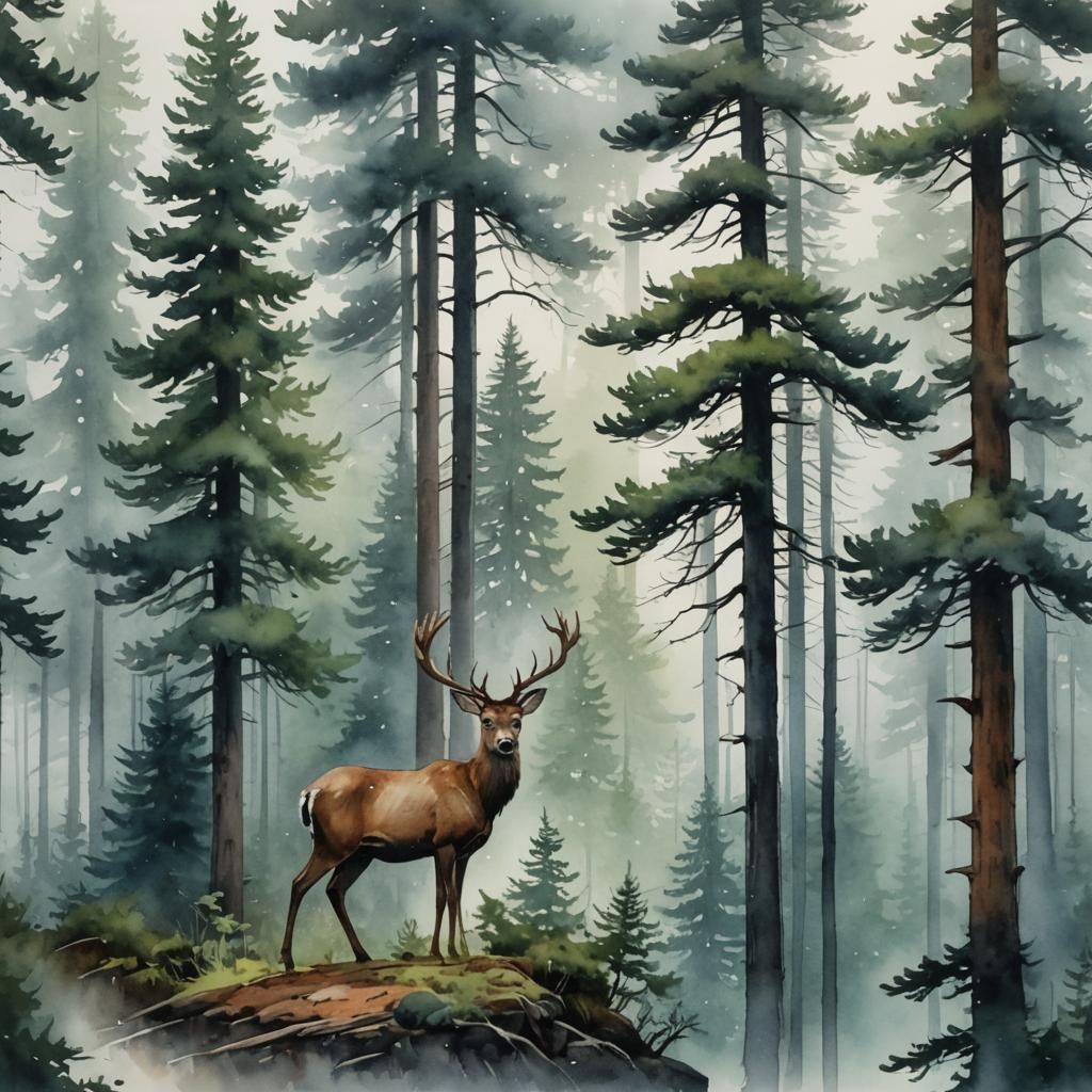 Watercolor Rainy Forest with Deer Silhouettes