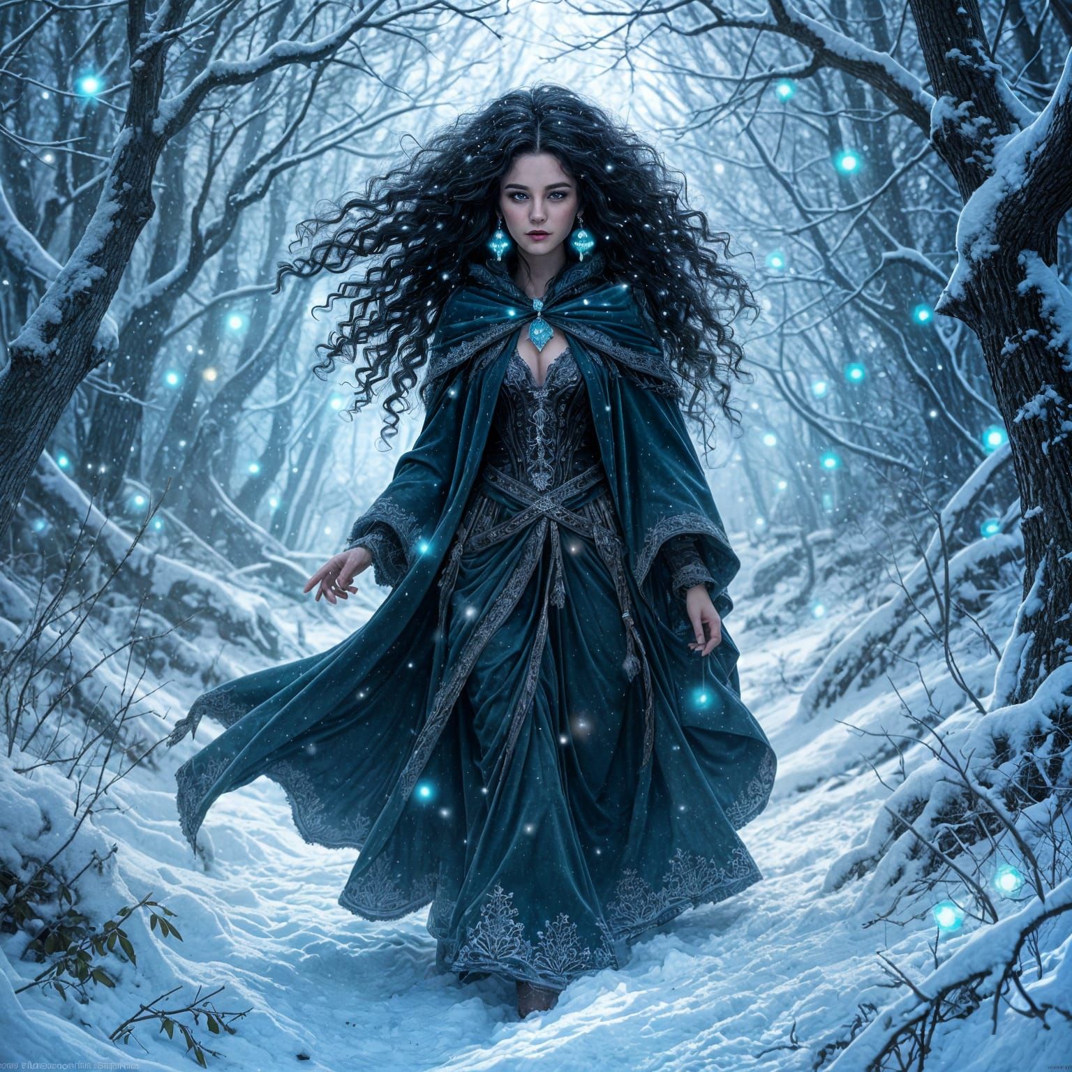 Gloomy Winter Witch in Fairytale Forest