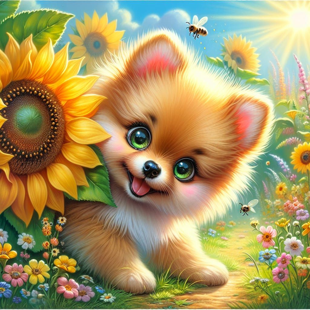 Playful Pomeranian Puppy in a Sunny Flower Meadow