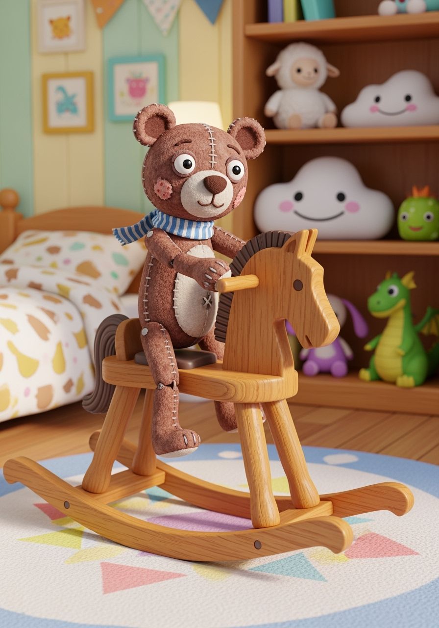 Felt Teddy Bear Puppet on Rocking Horse, 3D Anime Art