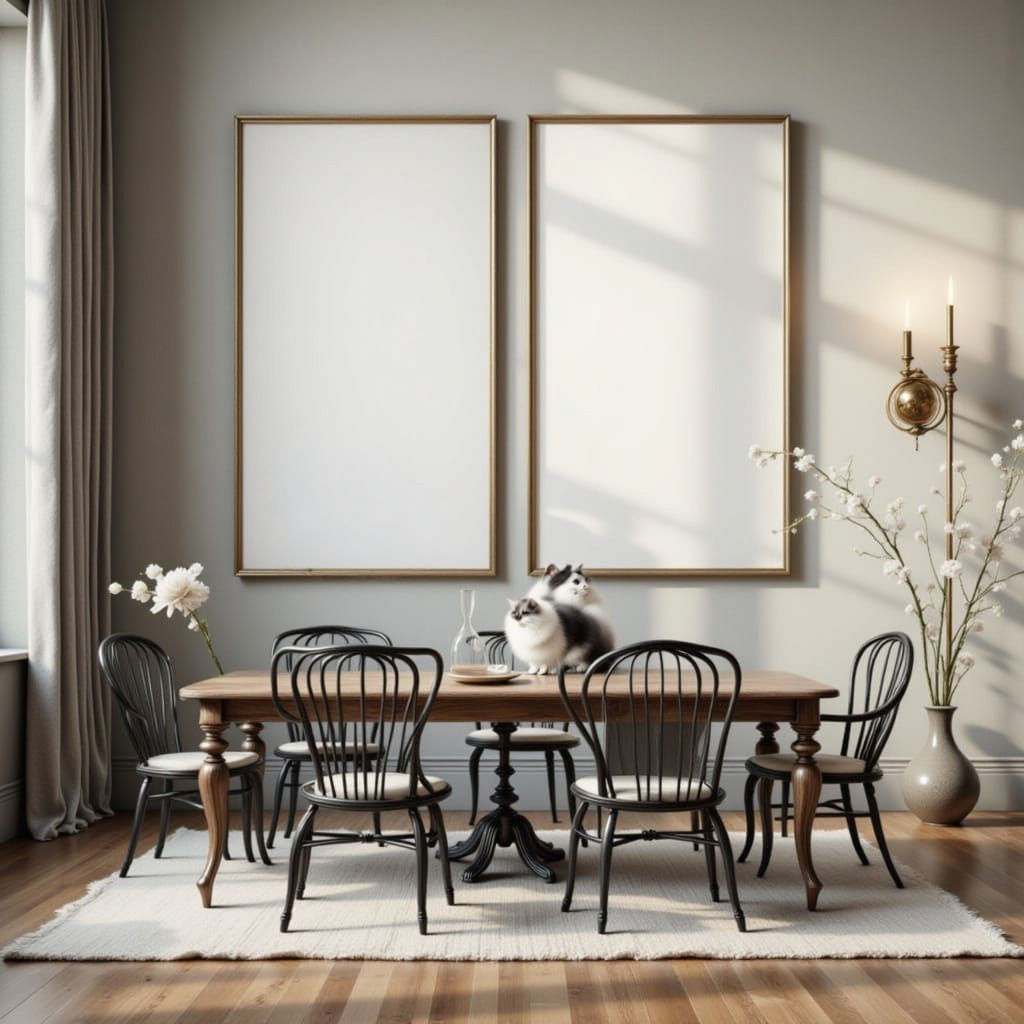 Dining room, 2 cats and 2 canvases.