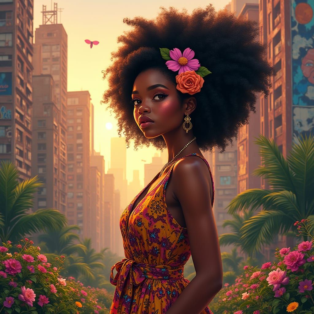 Confident Black Woman in Urban Garden with Vibrant Street Ar...