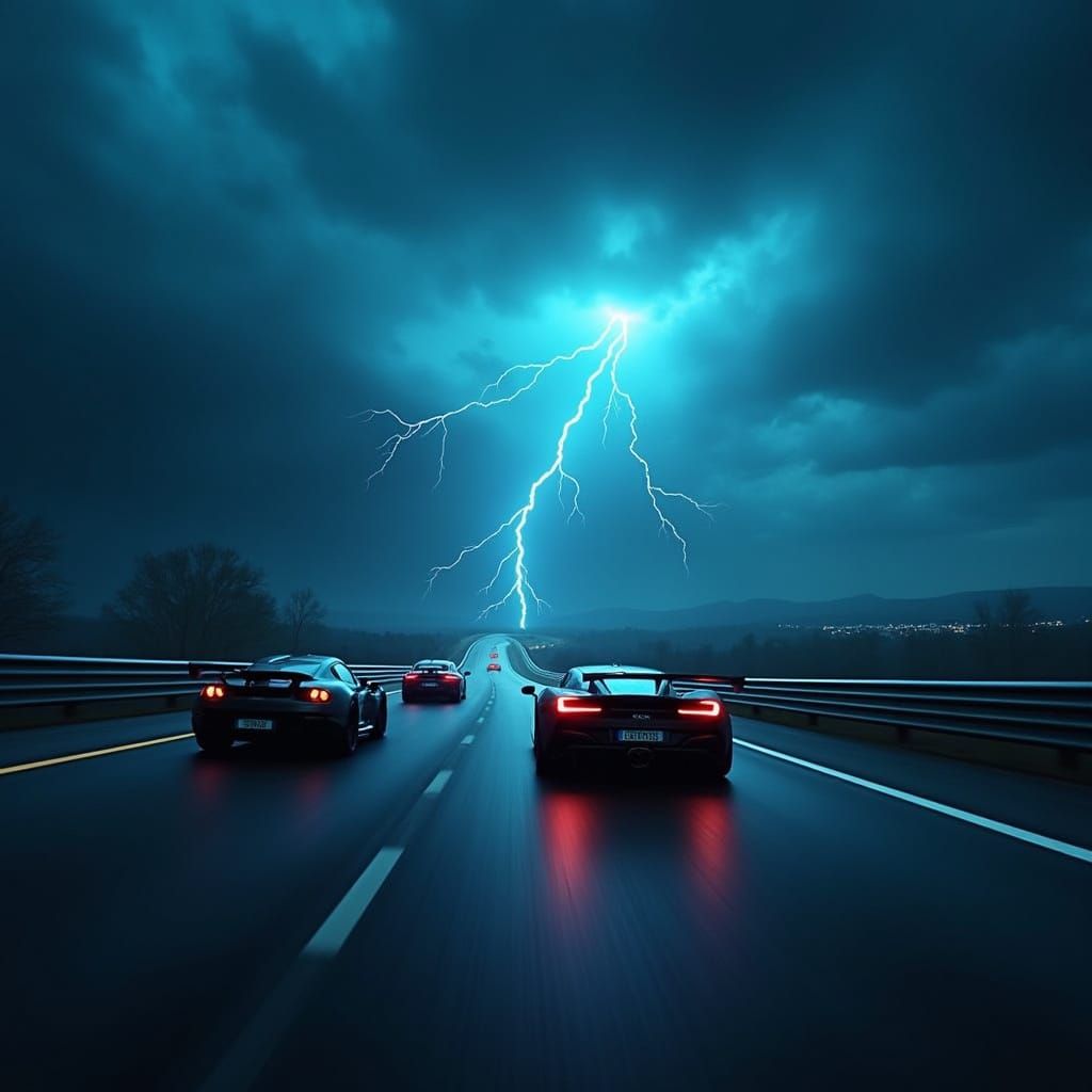 Race Cars Speeding Through Stormy Night