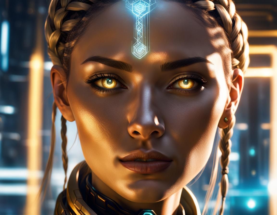 Cyberpunk Netrunner with Neural Interface and Golden Light