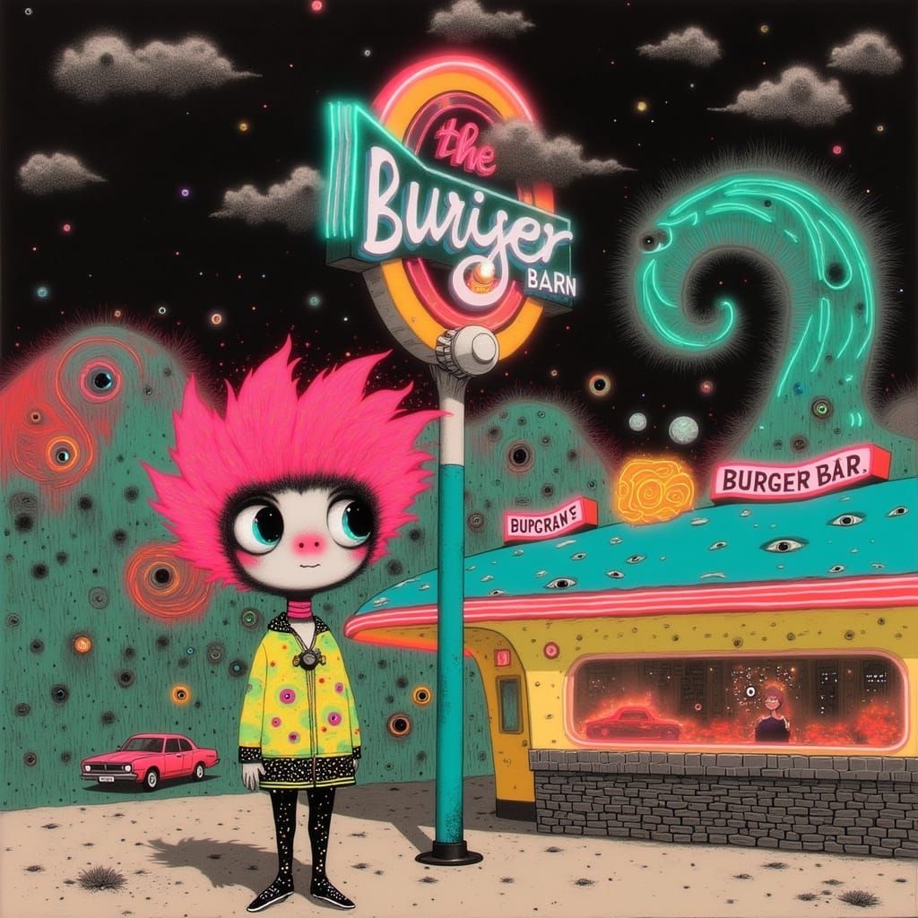 Retro Cat Stops at a Nostalgic Burger Shop in Vibrant Colors