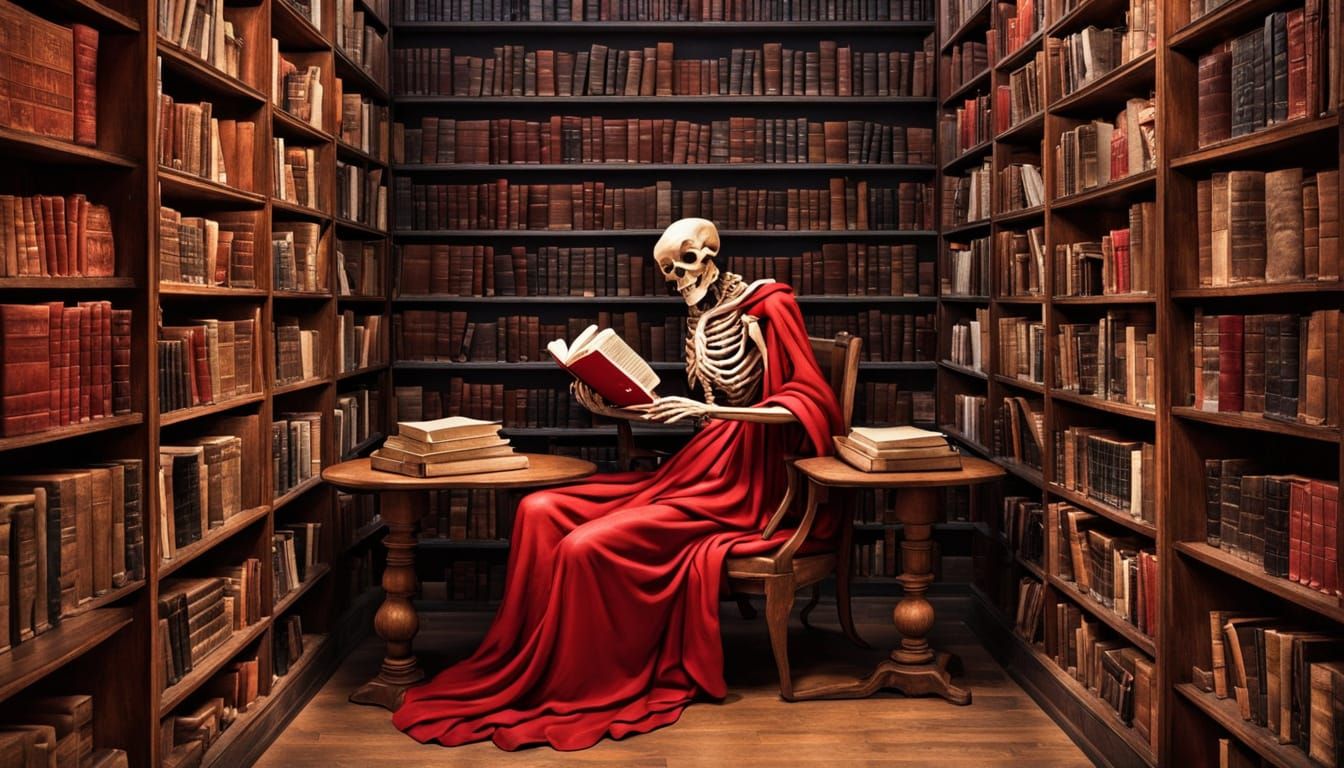 Skeletal Figure in Red Reads Amidst Old Library Tomes