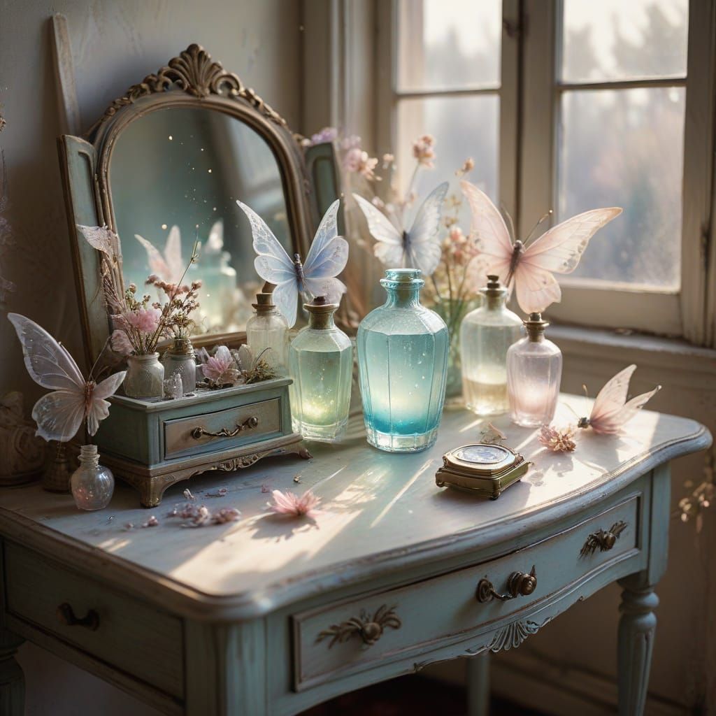 Ethereal Watercolor of Antique Vanity with Fairies