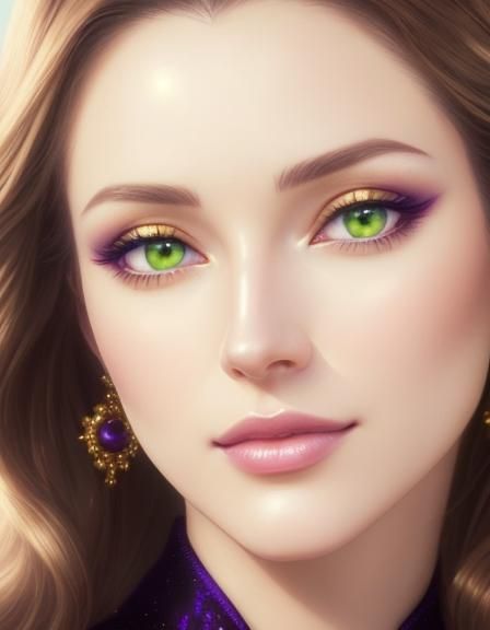 Beautiful young lady with long brown hair and green eyes with purple eyeshadow with gold shimmery eyeshadow with purple ...