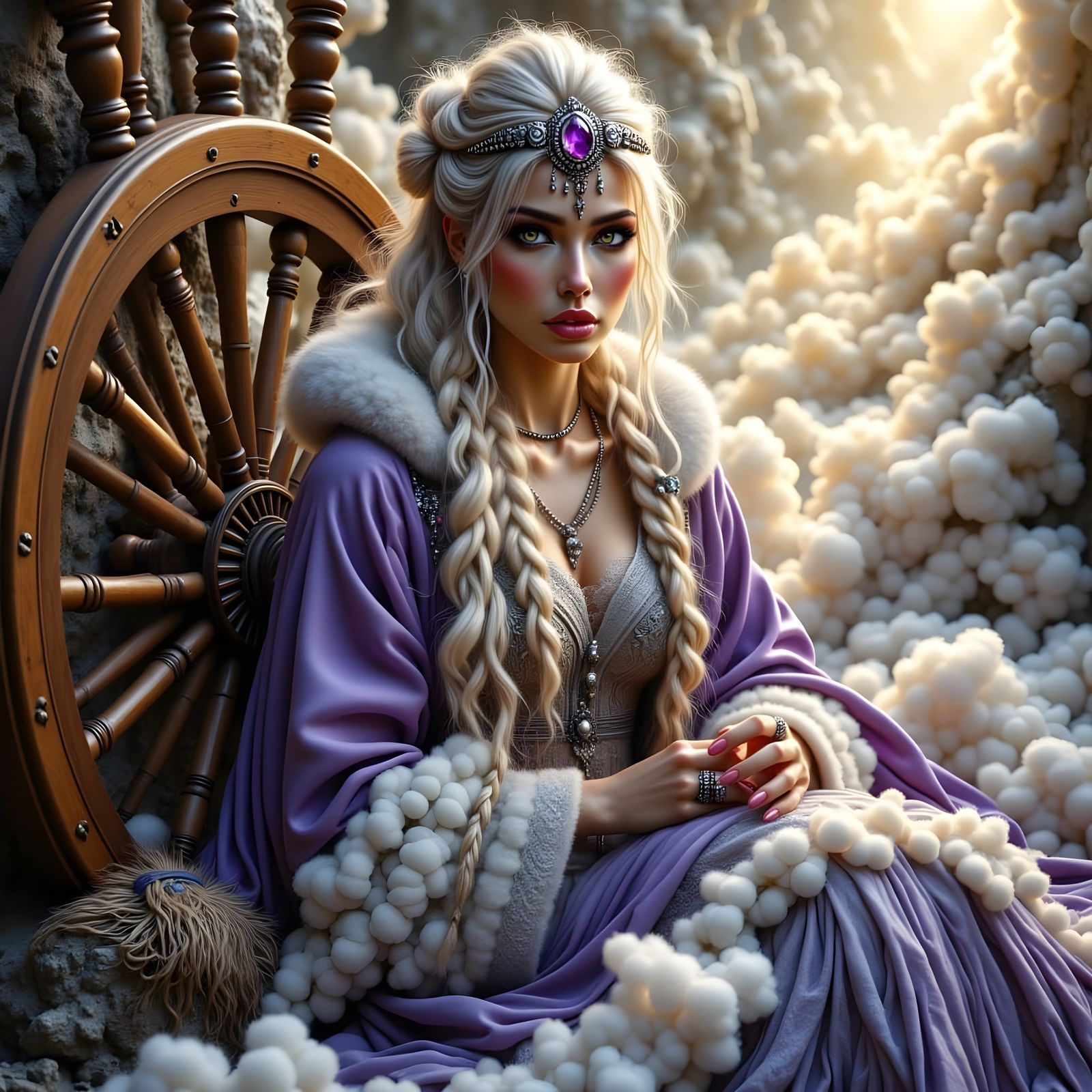 Norse Goddess Weaves Heavenly Beauty on Wooden Spinning Whee...