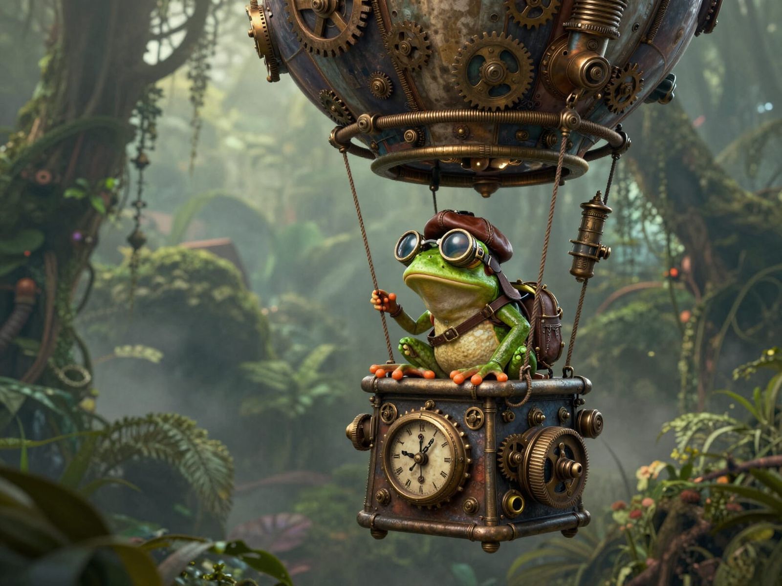 Steampunk Frog Adventurer in Clockwork Balloon