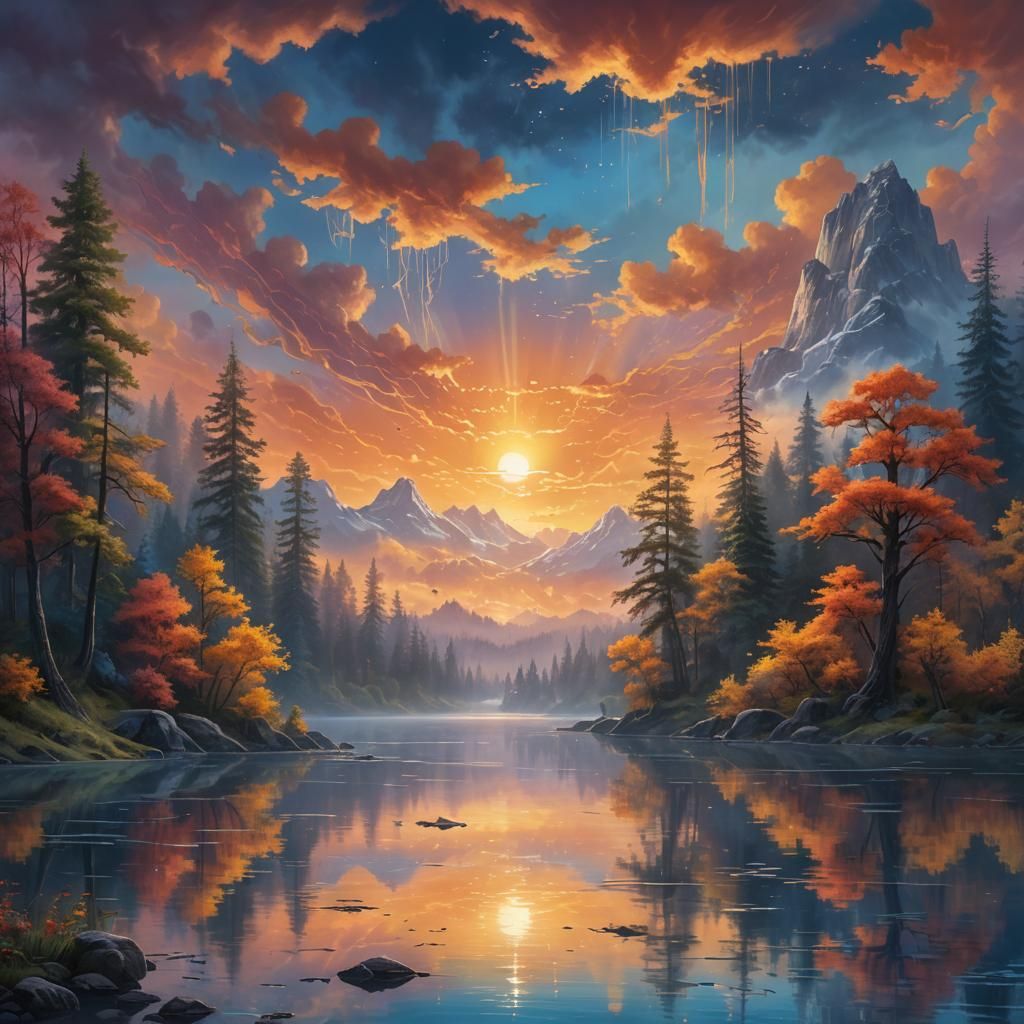 Vibrant Sunset Reflected on Serene Lake