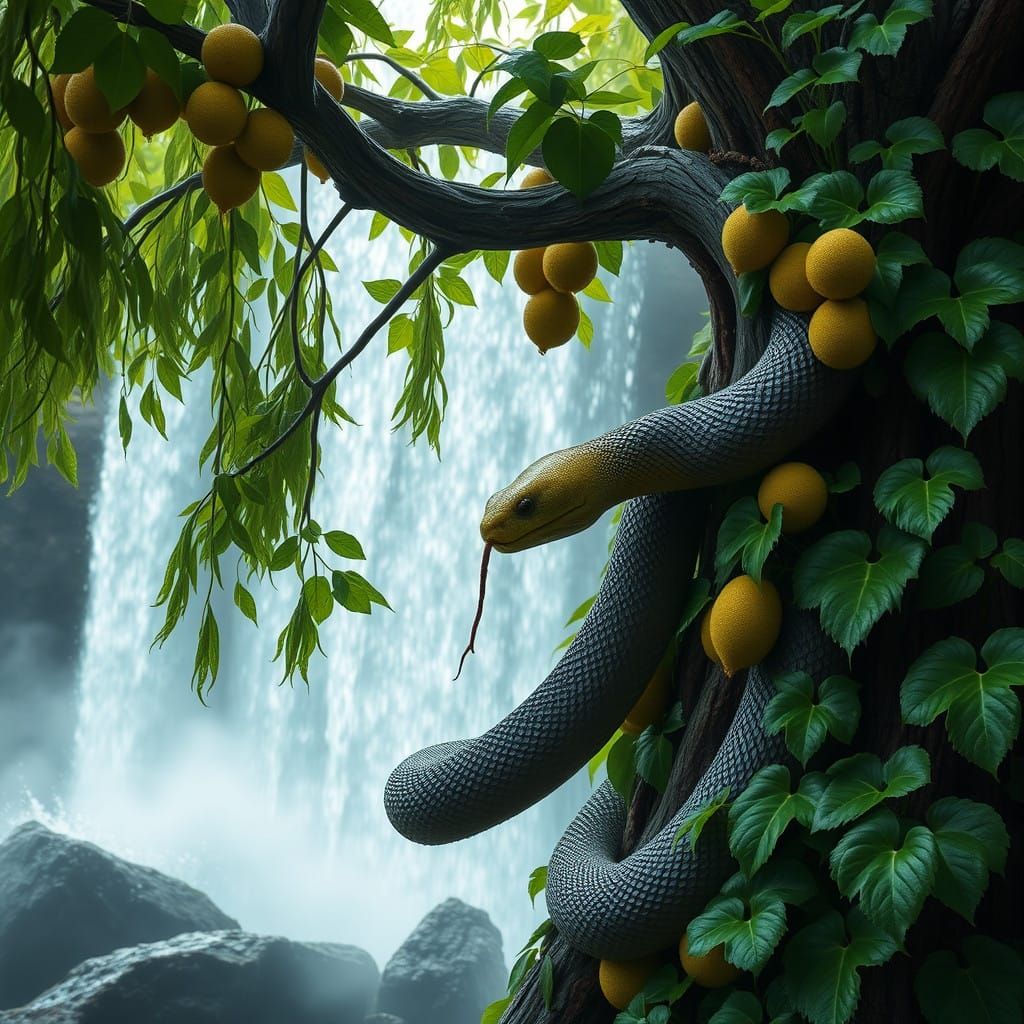 Majestic Kiwi Vine Enwinds Gnarled Willow Tree Beside Serene...