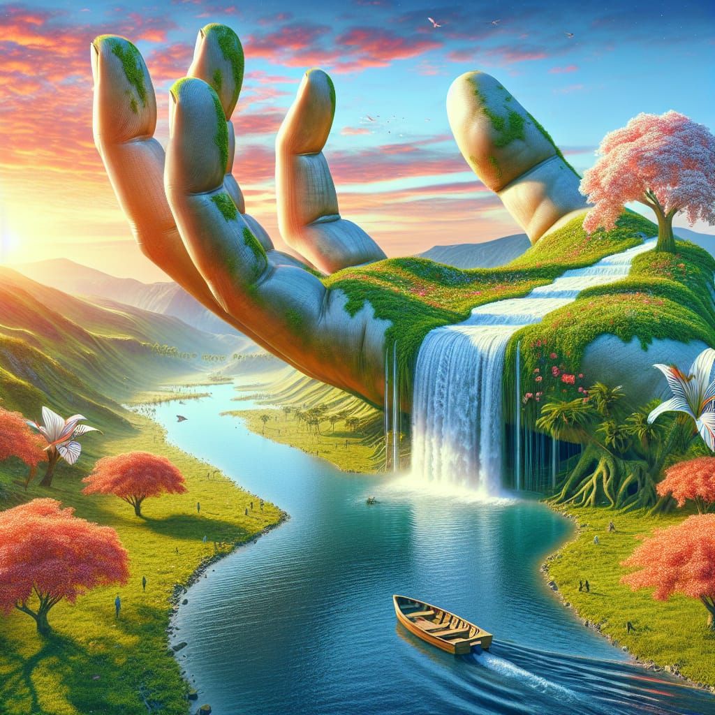 Surreal Giant Hand Landscape with Waterfall Sunset