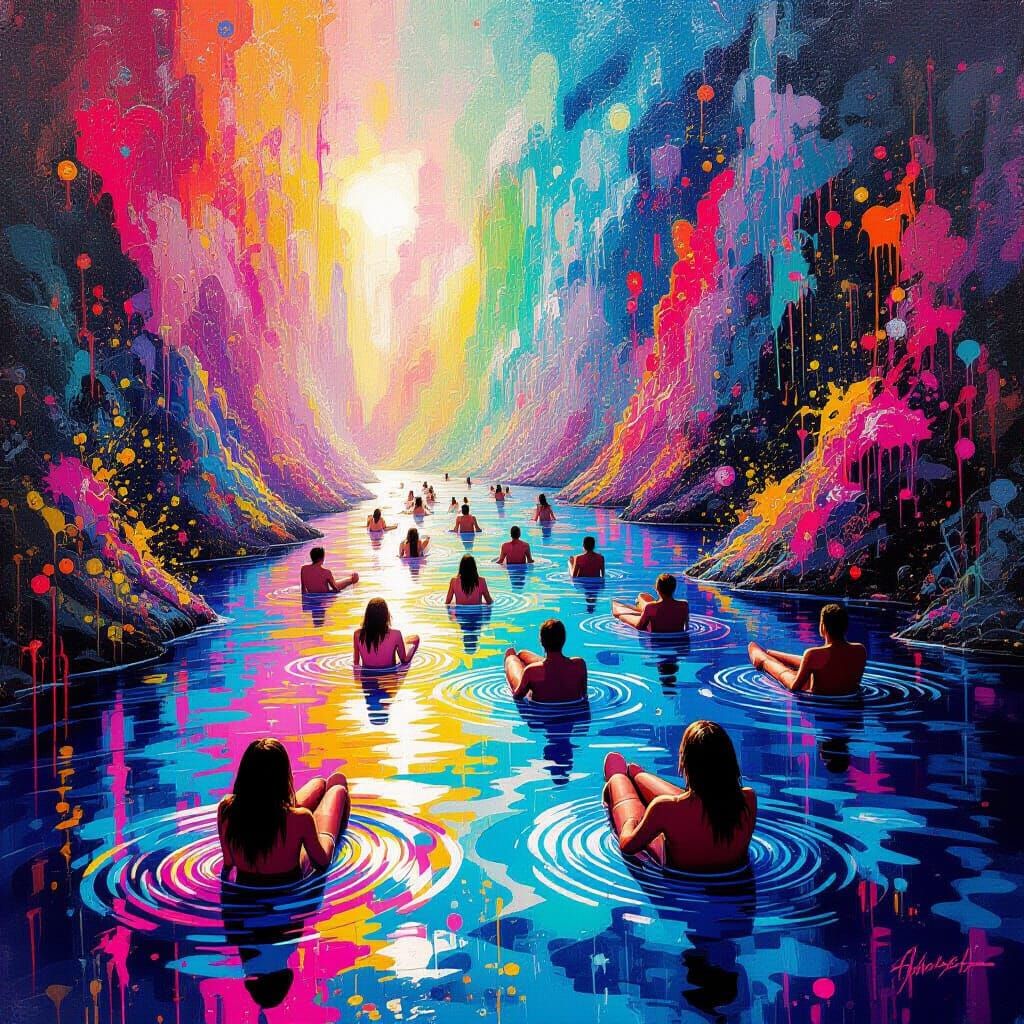 Vibrant Scene of People Floating in Dreamlike Landscape