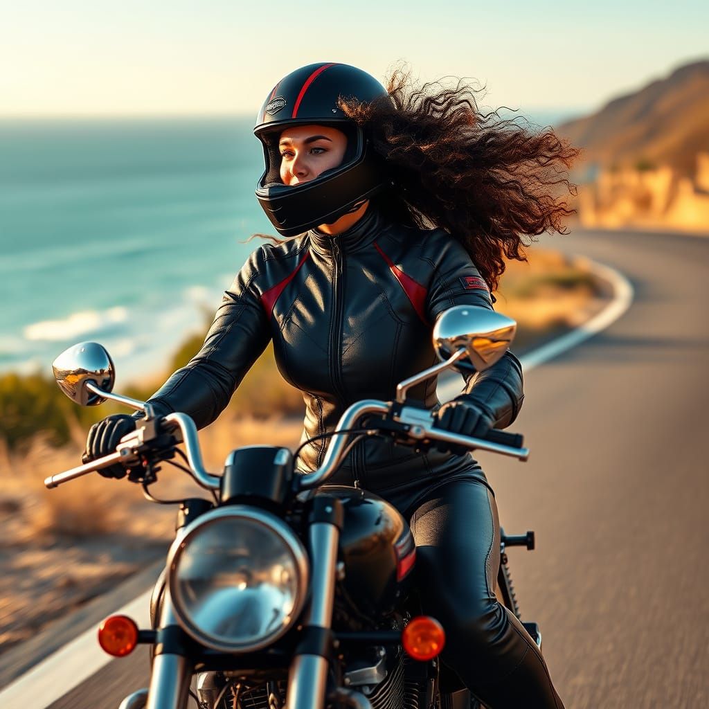 Young Woman Rides Vintage Motorcycle Along Winding Coastal R...