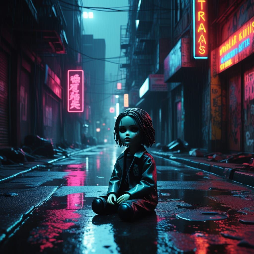 Abandoned Doll in Neon Drenched Dystopian City
