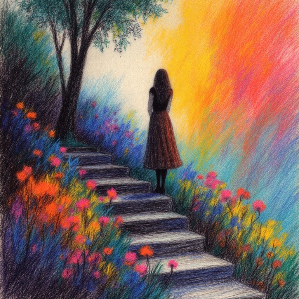 Ethereal Emogirl Ascends Spiral Stairs in Crayon Art Style