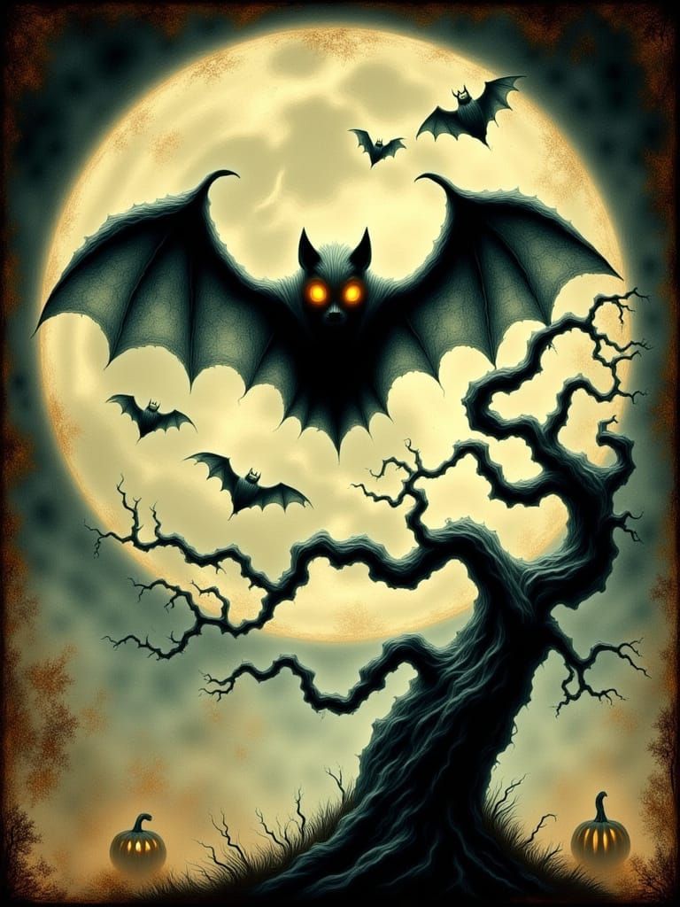 Vintage Halloween Illustration with Moon and Bats
