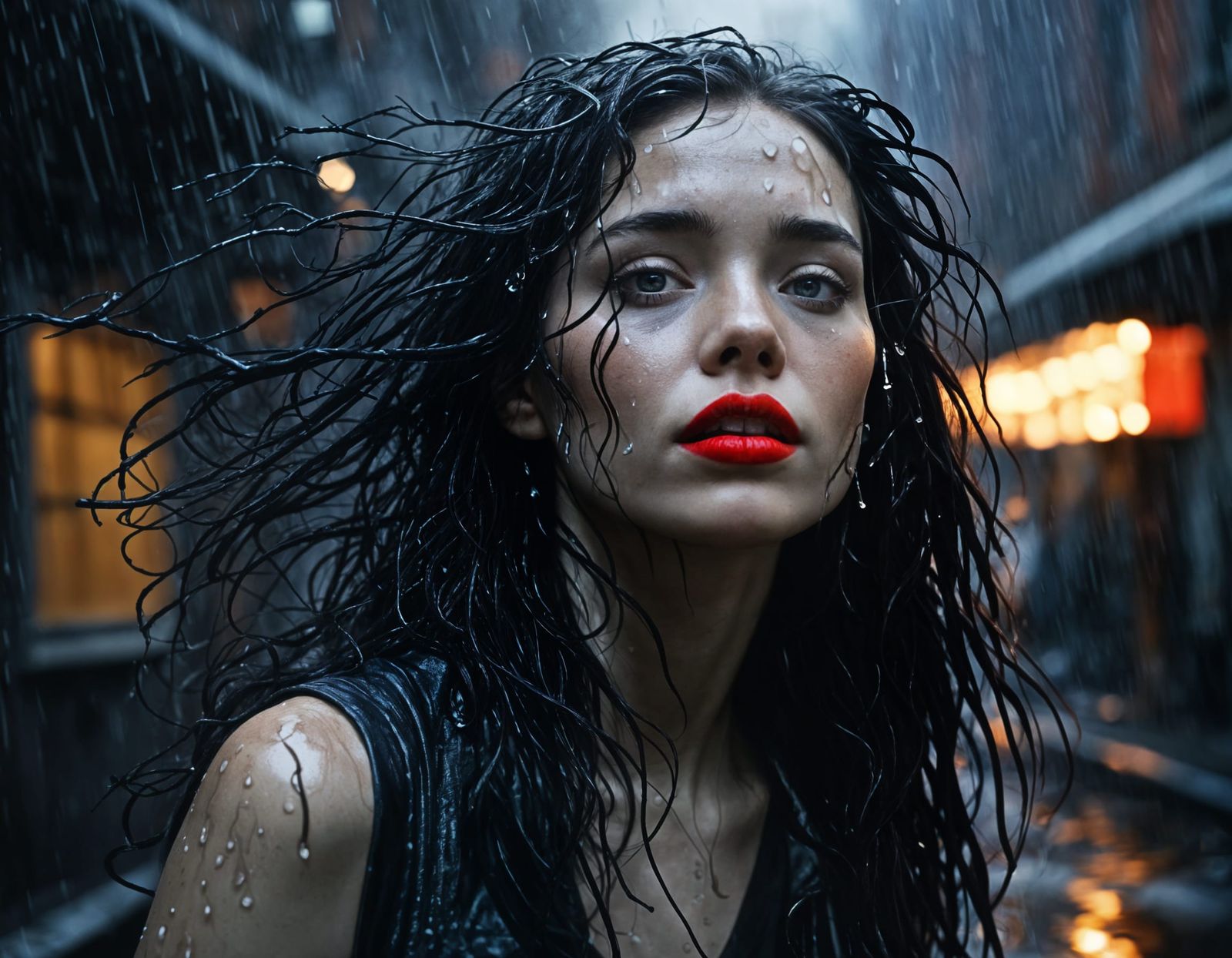 Sultry Film Noir Siren Smokes in the Rain