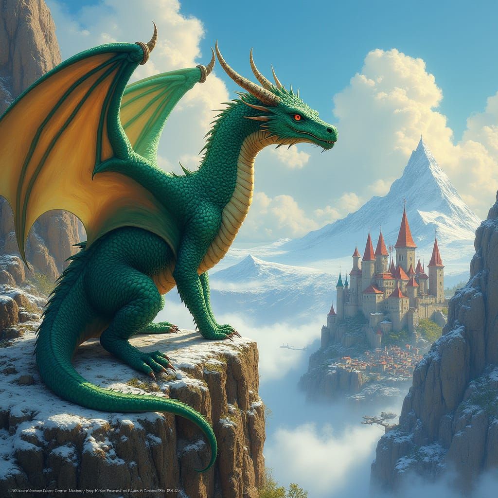 Emerald Dragon Overlooking Medieval Kingdom